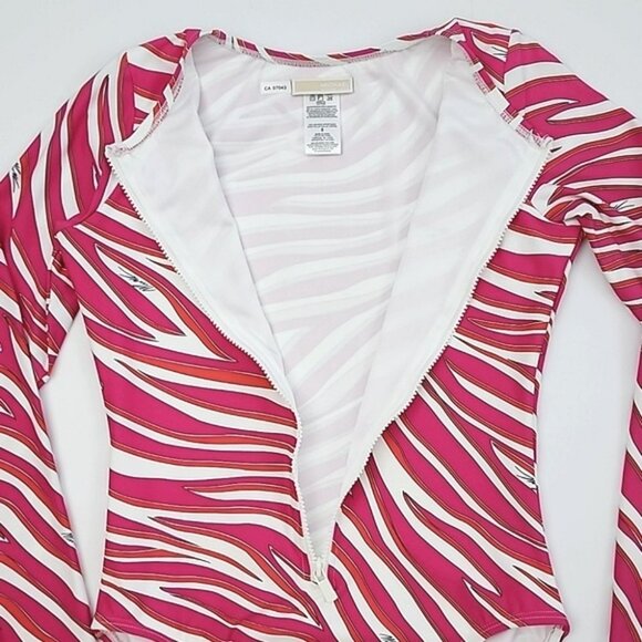 NWT Michael Kors One Piece Long Sleeves Swimsuit Electric Pink Animal Print Sz 8 - Picture 2 of 16